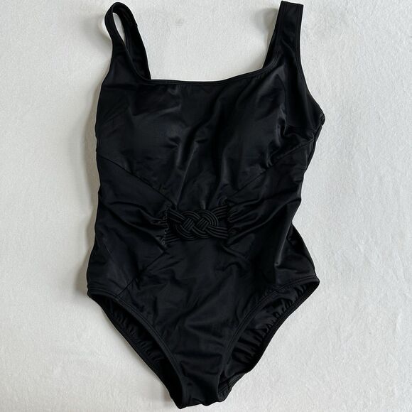 Longitude One Piece Swimsuit Solid Black Embellished Women’s Size 10 Square Neck - Picture 1 of 7